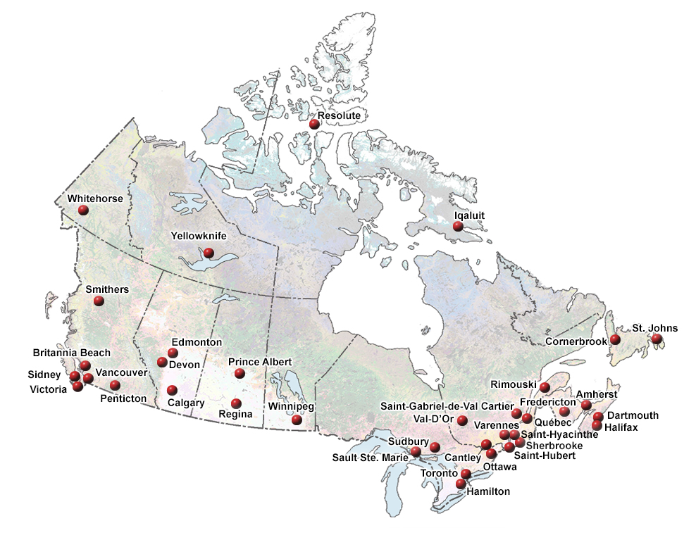 Carte des bureaux et des laboratoires de RNCan à l’échelle du pays.