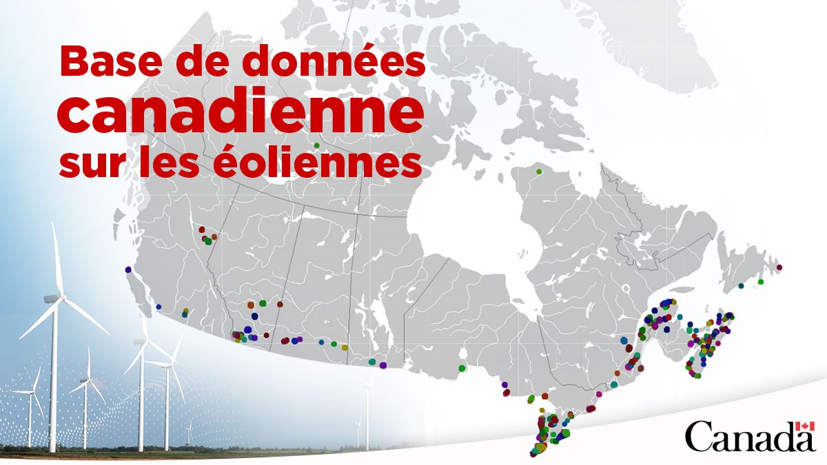 Capture d'écran de la base de données canadienne sur les éoliennes, affichant l’emplacement des actifs éoliens au pays au moyen de points sur une carte du Canada.