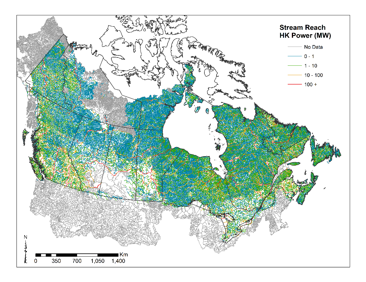 Carte du Canada illustrant l'estimation de la capacité hydrocinétique au pays, par couleur.