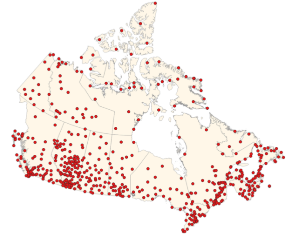 Carte du Canada où les emplacements liés aux FMCCE sont indiqués par des points rouges.