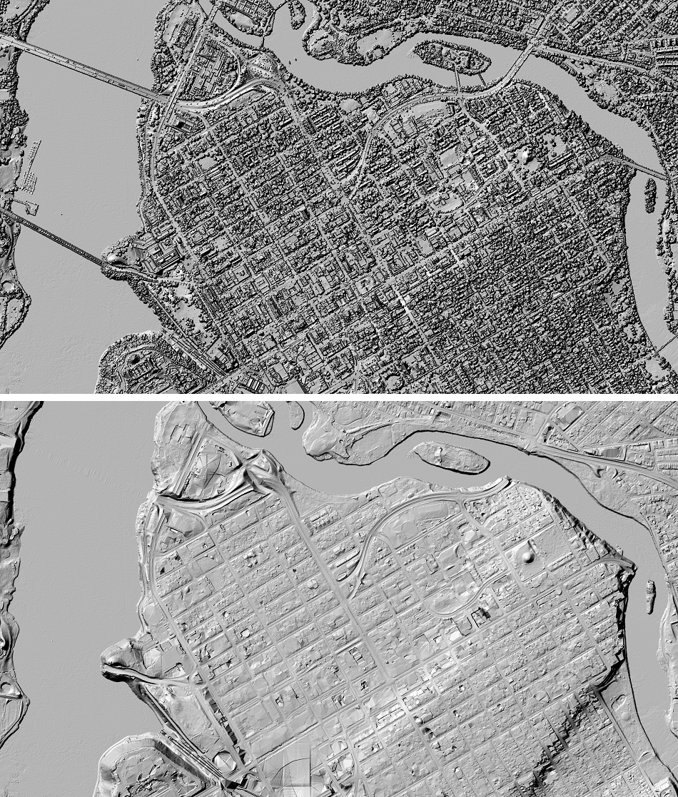 Reliefs 3D ombrés du Modèle numérique de surface (Image du haut) et du Modèle numérique de terrain (Image du bas) couvrant le centre-ville d’Ottawa, ON.