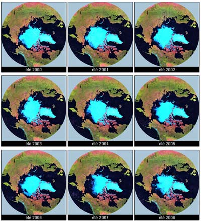  Cette figure illustre 9 séries de données produites à partir des images du satellite MODIS. Ces produits en projection polaire montrent les variations environnementales terrestres entre l’été 2000 et l’été 2008.