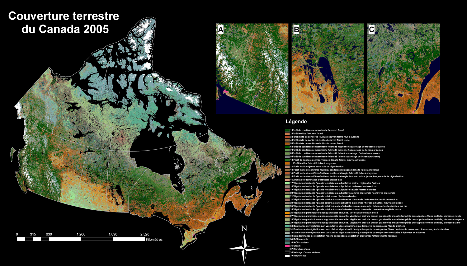 Cette carte image montre l’état de la couverture des terres de l’ensemble du Canada en 2005. Tel qu’indiqué dans le texte, un ensemble important d’images satellitaires ont été corrigées radiométriquement et géométriquement, et intégrées de façon raffinée pour générer ce produit assorti d’une légende couvrant 39 éléments, dont la majorité se réfèrent à divers types de couverture végétale.