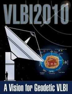 Affiche pour RILB 2010 avec des dessins animés d'une antenne parabolique et des processus de la terre avec le slogan « A Vision for Geodetic VLBI »