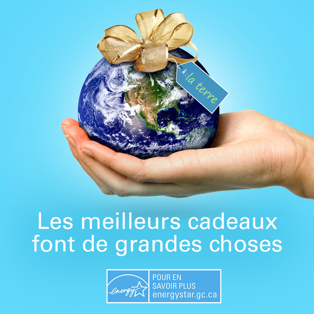 Une main tenant la planète avec une boucle sur le dessus, le texte en bas de l'image dit "Les meilleurs cadeaux font de grandes choses"
