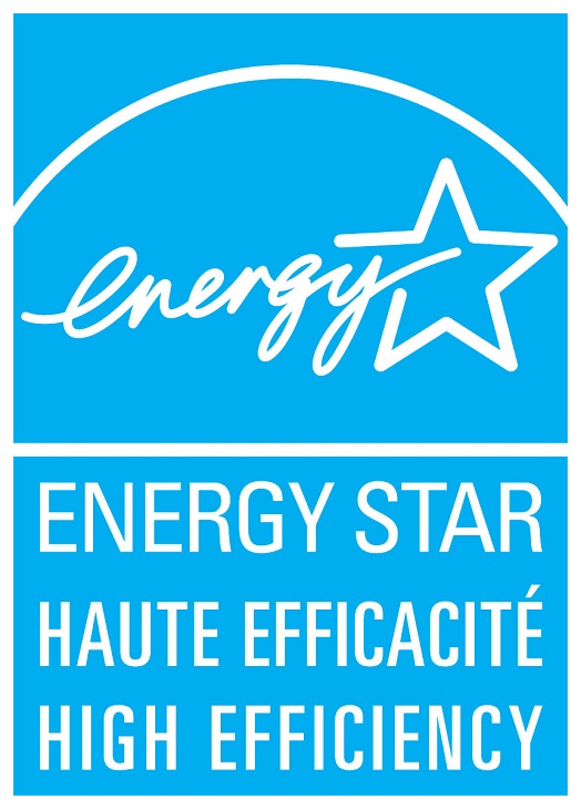 Le symbol ENERGY STAR HAUTE EFFICACITÉ – HIGH EFFICIENCY, verticale bleu (cyan)