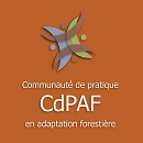Une image montrant des lignes courbées ponctuées symbolisant un cercle de personnes avec texte « Communauté de pratique en adaptation forestière CdPAF.