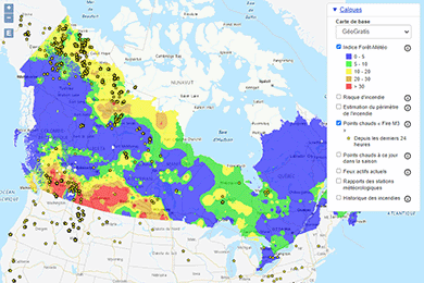 Carte du Canada montrant les conditions des feux de végétation. La légende comprend l’indice Forêt-Météo, les points chauds et les feux actifs actuels.