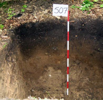 Une fosse pédologique destinée à l’étude du sol, et un marqueur rouge et blanc à l’intérieur.
