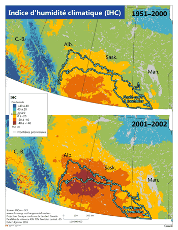 Deux cartes, montrant par l’Indice d’humidité climatique moyen – la sécheresse dans la forêt-parc à trembles entre 1951 et 2000 et celle de 2001-2002 dans la même région.