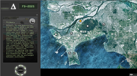 Capture d’écran du jeu vidéo Future Delta 2.0 montrant une carte aérienne et un texte explicatif (non visible à cette résolution).