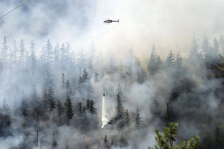Feux de forêt produisant de grandes quantités de fumée pendant qu’un hélicoptère déverse de l’eau au-dessus de l’incendie.
