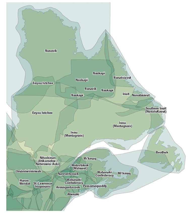 Carte montrant les territoires autochtones traditionnels et revendiqués au Québec et dans les Maritimes. Ces limites ne correspondent pas entièrement à celles reconnues officiellement par le Gouvernement du Canada.