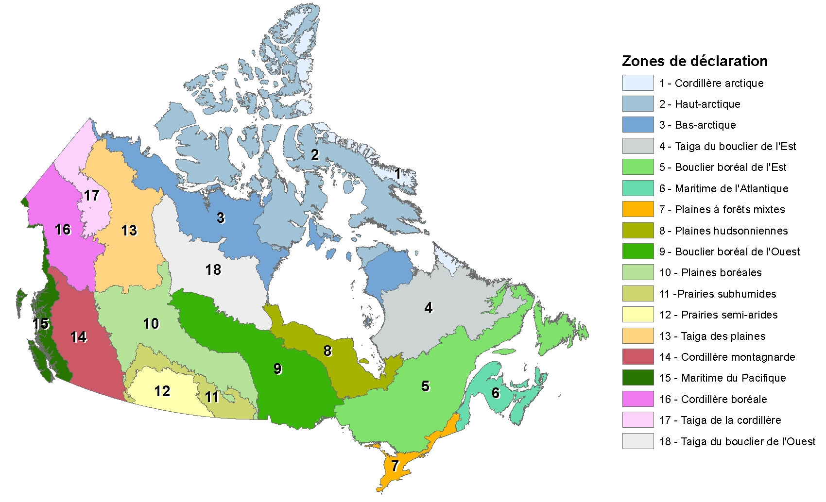 Carte à petite échelle illustrant les limites des 18 zones de déclaration nationales du SNSCPRCF par rapport aux écozones terrestres du Canada.
