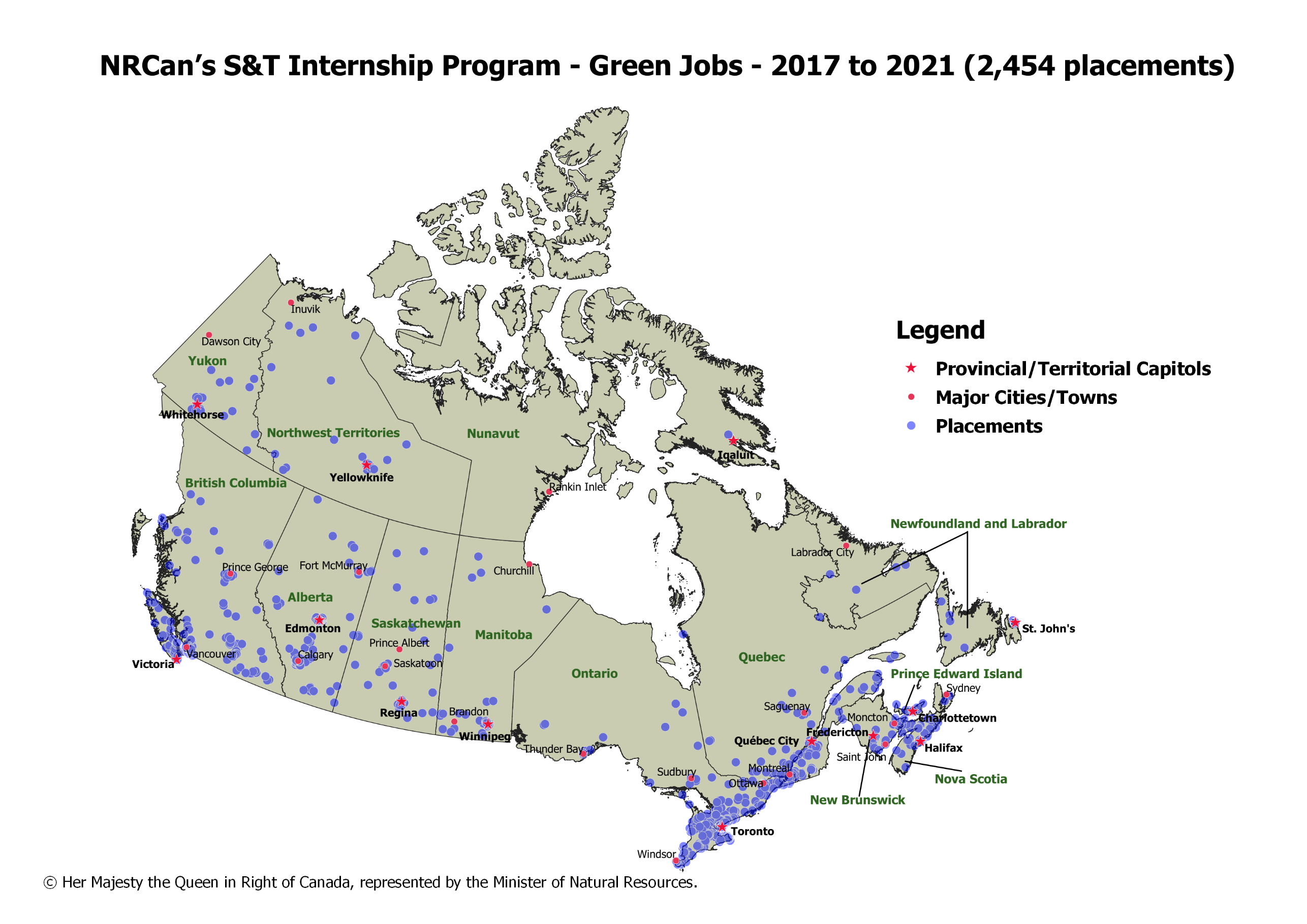 Carte du Canada montrant les placements d'emplois verts de RNCan dans le cadre du Programme de stages en sciences et technologie
