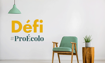Une chaise avec une table, une plante et un luminaire est inclut avec le texte «Défi: ProÉcolo».