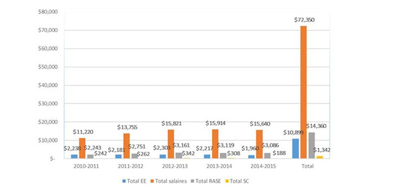Répartition des dépenses par type de dépense de 2010-2011 à 2014-2015 (000 $)