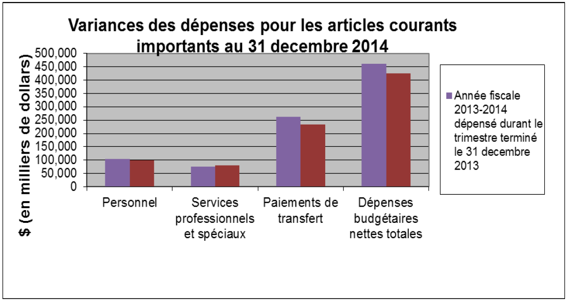 Variances des dépenses pour les articles courants importants au 31 decembre 2014