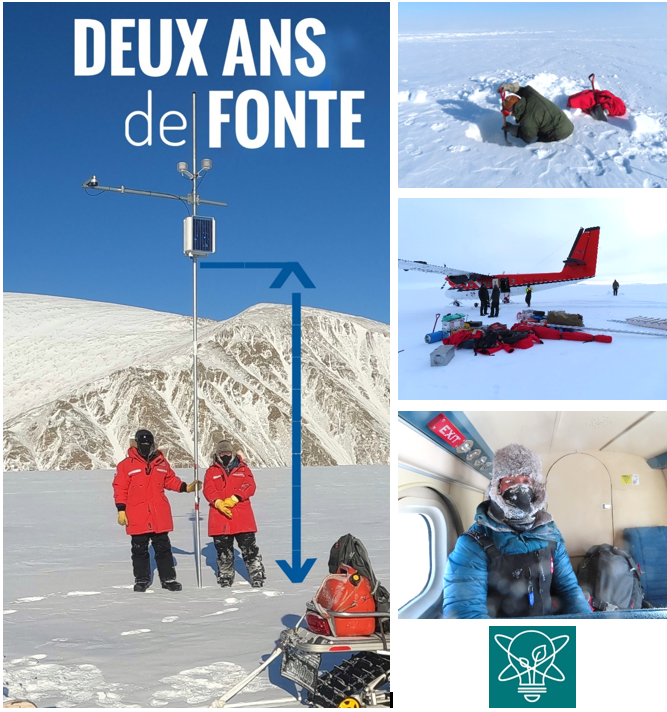 Quatre images de l’équipe au travail sur le champ de glace. Texte sur l’image : Deux ans de fonte.