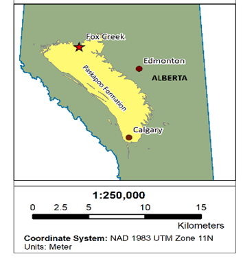 Carte de l’Alberta où apparaît en jaune la formation de Paskapoo – qui s’étend de Fox Creek, au nord-ouest d’Edmonton, à Calgary. 