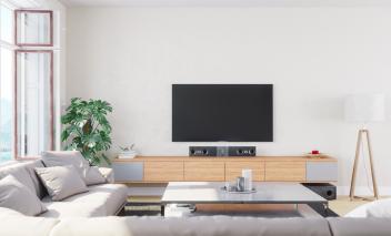 Intérieur d’un salon moderne, lumineux et aéré avec une plante, une télévision, un système audio, une table basse et un canapé