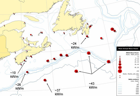 Niveau moyen de capacités annuelles d’énergie tirée des vagues le long de la côte est du Canada. Voir le texte équivalent.