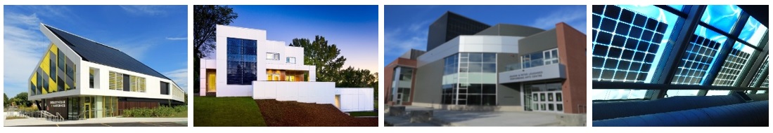 Figure 4 : Exemples d'installations PVIB au Canada (sources, de gauche à droite : Maxime Gagné, One House Green, Université de l'Alberta, CanmetÉNERGIE)