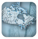 Image de lignes électriques et la carte des stations génératrices de partout au Canada