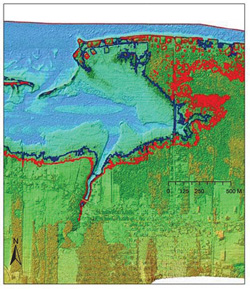FIGURE 8 : Étendue des inondations par rapport au niveau marin actuel (ligne bleue) et par rapport à un scénario prévoyant une élévation de 60 cm du niveau marin (ligne rouge), en fonction d'une période de récurrence de dix ans, à Pointe-aux-Bouleaux, au Nouveau-Brunswick (Bernier et al., 2006).