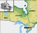 Section de la carte du Canada illustrant l’Ontario et l’emplacement de la ville de Toronto