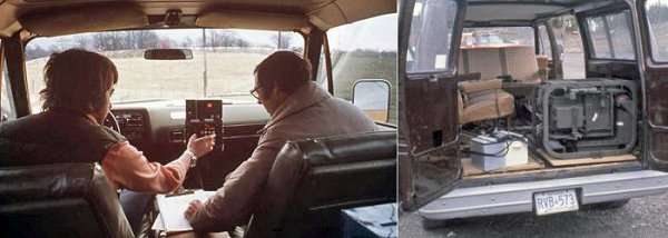 Gauche : Deux techniciens dans une camionnette en train d’utiliser la console. Droite : ISS à l’arrière de la camionnette.
