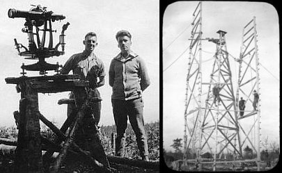 Gauche : Deux techniciens debout à côté d’un théodolite sur le terrain. Droite : Trois techniciens sur des tours de bois.