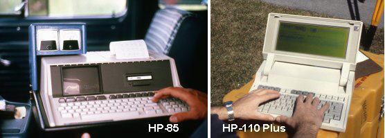 Gauche: Ordinateur portable HP-85 en cours d'utilisation. Droite: Ordinateur portable HP-110 Plus en cours d'utilisation