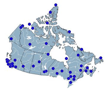 Carte des du Canada avec les emplacements de stations CACS démontrer avec des points bleus.