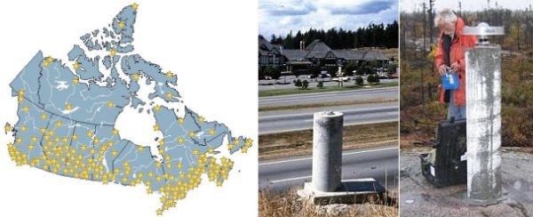 Gauche: Carte du Canada avec des points jaunes montrant les emplacements des sites RBC. Principalement située le long du sud du Canada. Droite: Pilier terminé sur le bord de la route et technicien en train d’effectuer un relevé GPS sur un pilier.