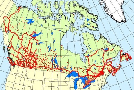 Carte de l'étendue de nivellement à travers du Canada. La plupart des lignes d'arpentage se trouvent dans le sud du Canada.