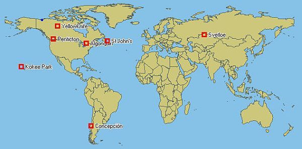 Carte du monde avec des carrés rouges montrant les emplacements des stations RILB. 5 en Amérique du Sud, 1 à Hawaï et 1 en Europe