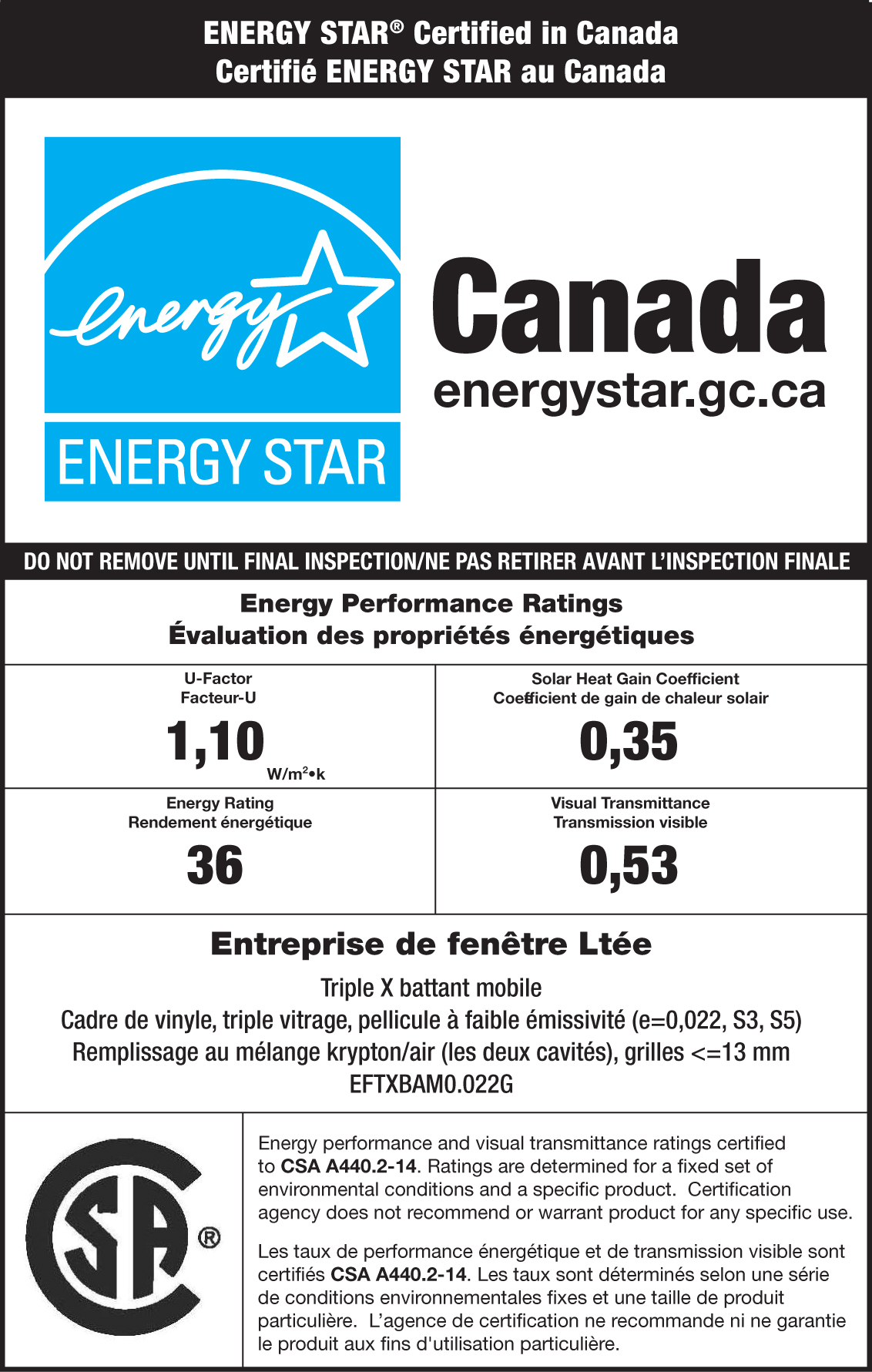 Échantillons d’étiquettes CSA ENERGY STAR