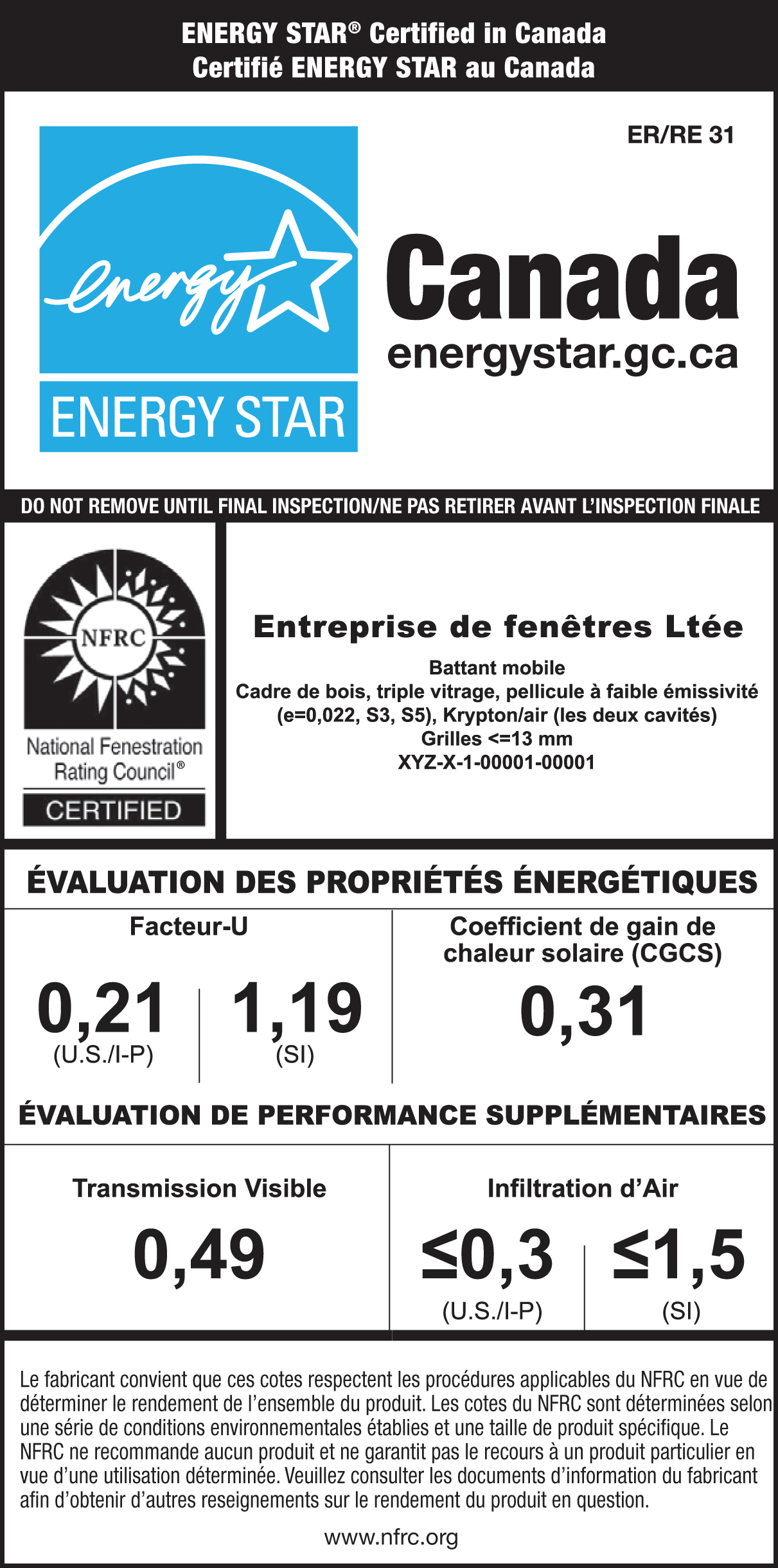 Échantillons d’étiquettes NFRC ENERGY STAR