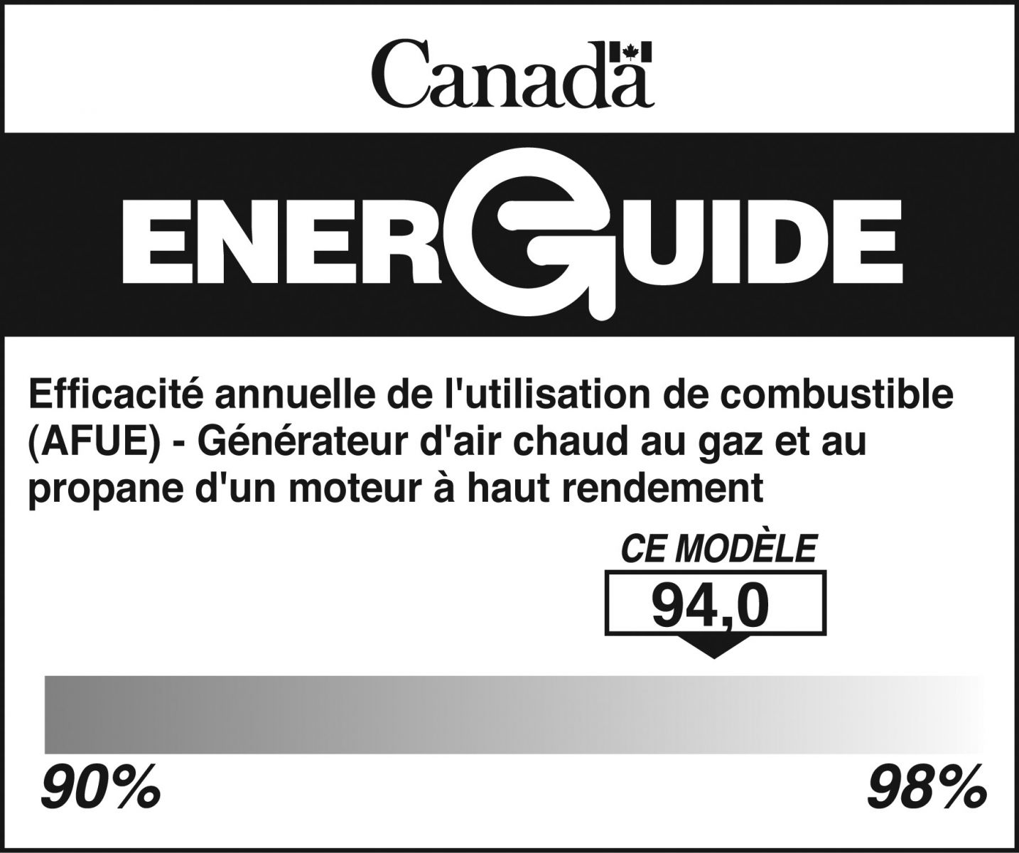 Une étiquette ÉnerGuide pour les générateurs d’air chaud à air pulsé au gaz ou au propane d’un moteur à haut rendement