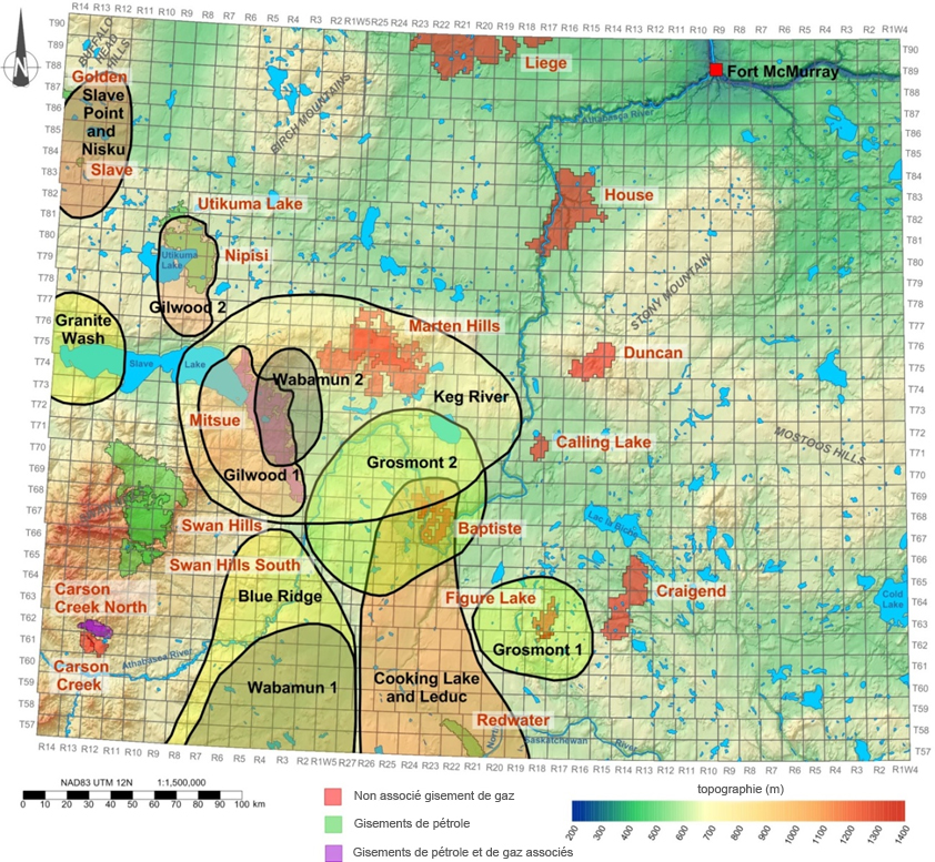 Carte des réservoirs de pétrole et de gaz et des zones prometteuses dans la strate dévonienne de la zone étudiée