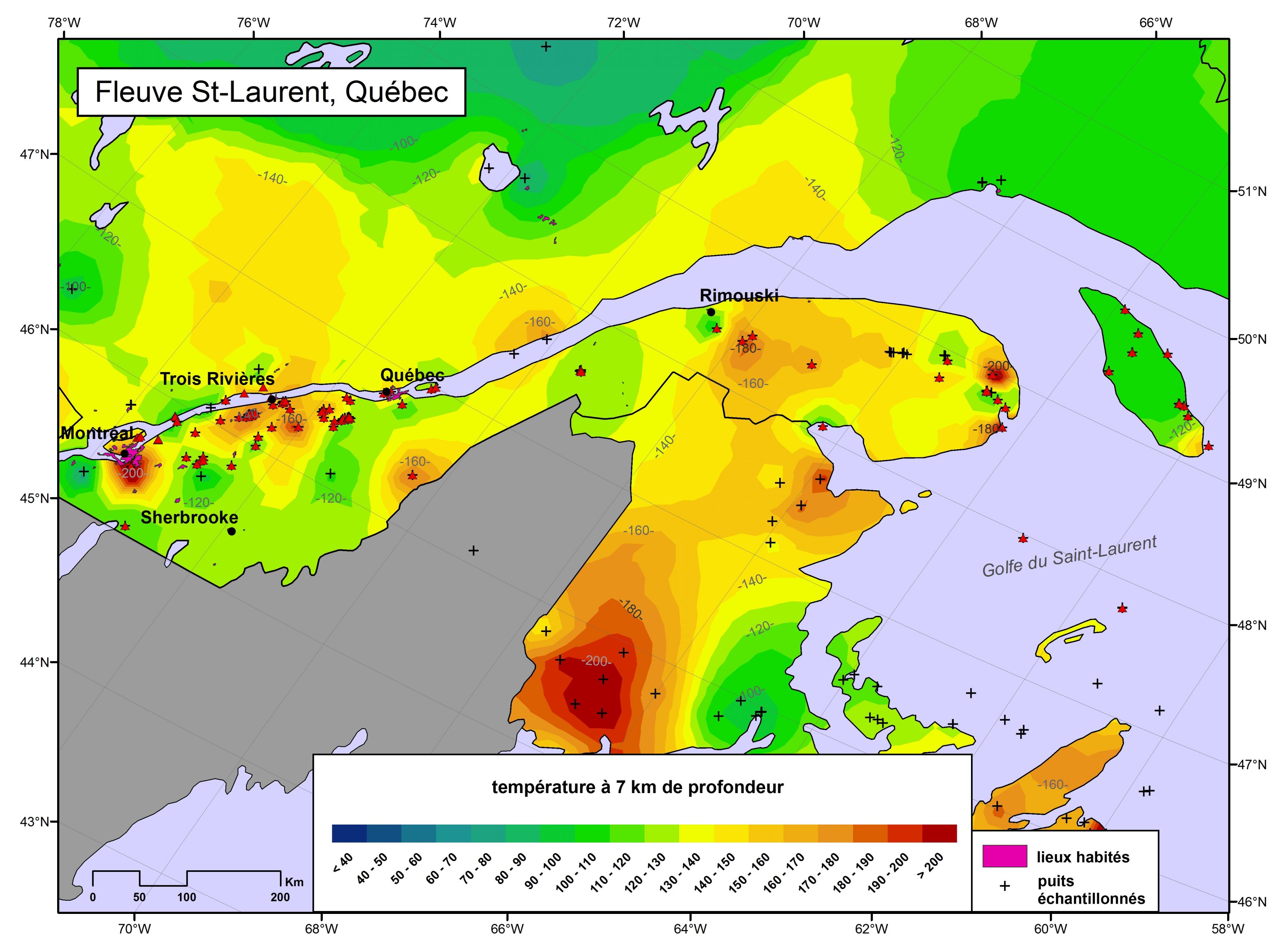 Carte des températures à 7 km de profondeur le long de la vallée du fleuve Saint-Laurent