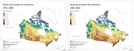 Deux cartes montrant la durée de la saison de croissance (jours) au Canada au cours de la période 1951-1980 et au cours de la période 1981-2010.