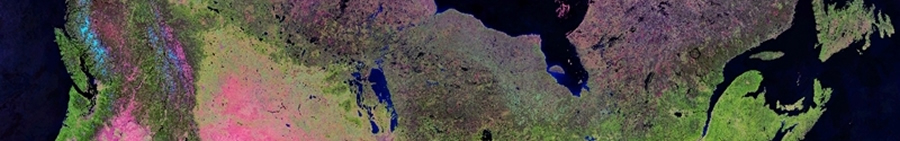 Imagerie satellite composite du Canada à résolution de 250 mètres, de l’île de Vancouver jusqu’à Terre Neuve, sur un arrière-plan foncé