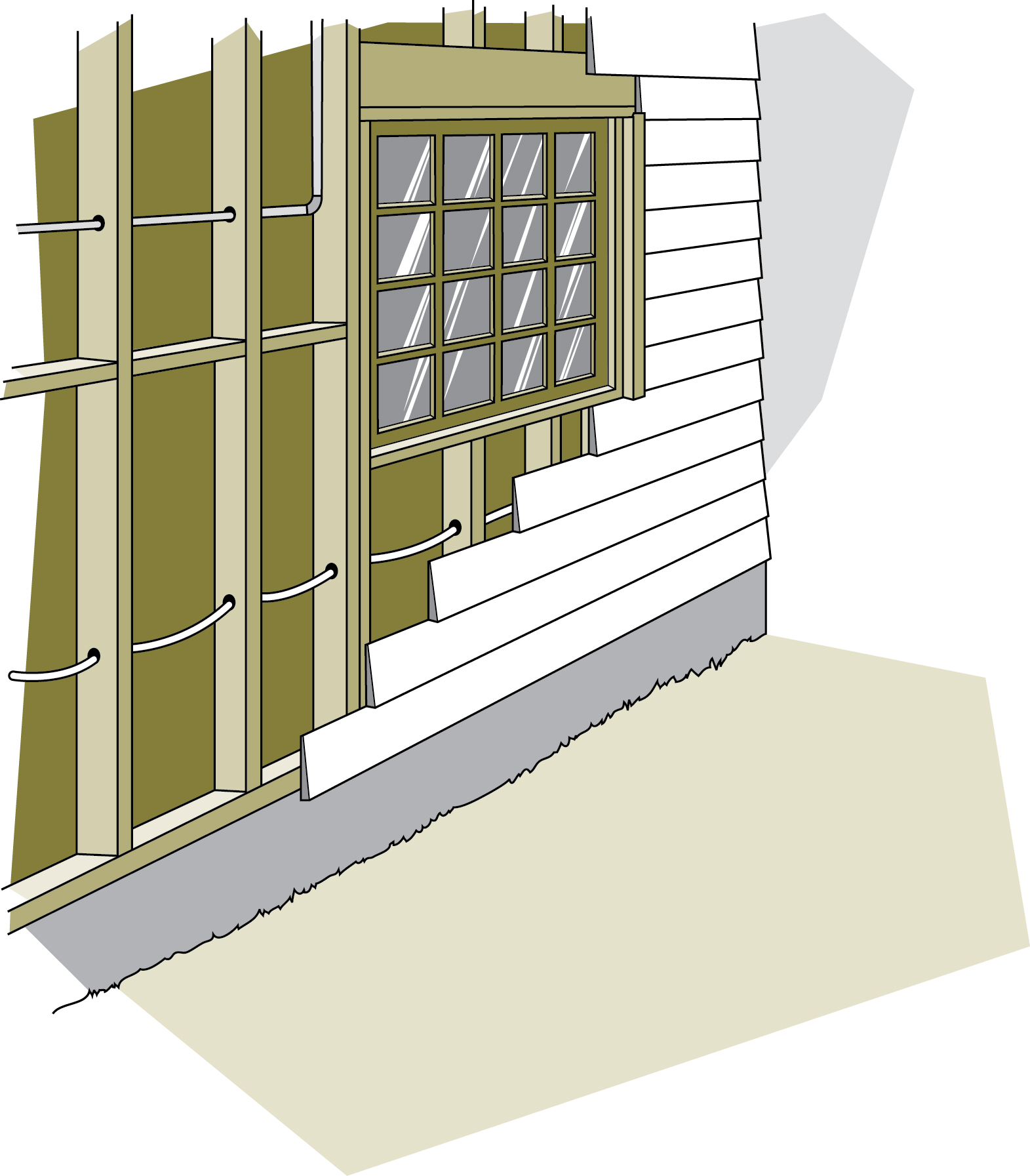 Figure 7-4 Les obstacles possibles dans le mur comprennent les fils électriques, les tuyaux, le blocage, les portes et fenêtres