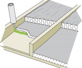 Figure 5-10 Isolant en panneaux posé entre les solives et calfeutré pour servir de pare-air-vapeur