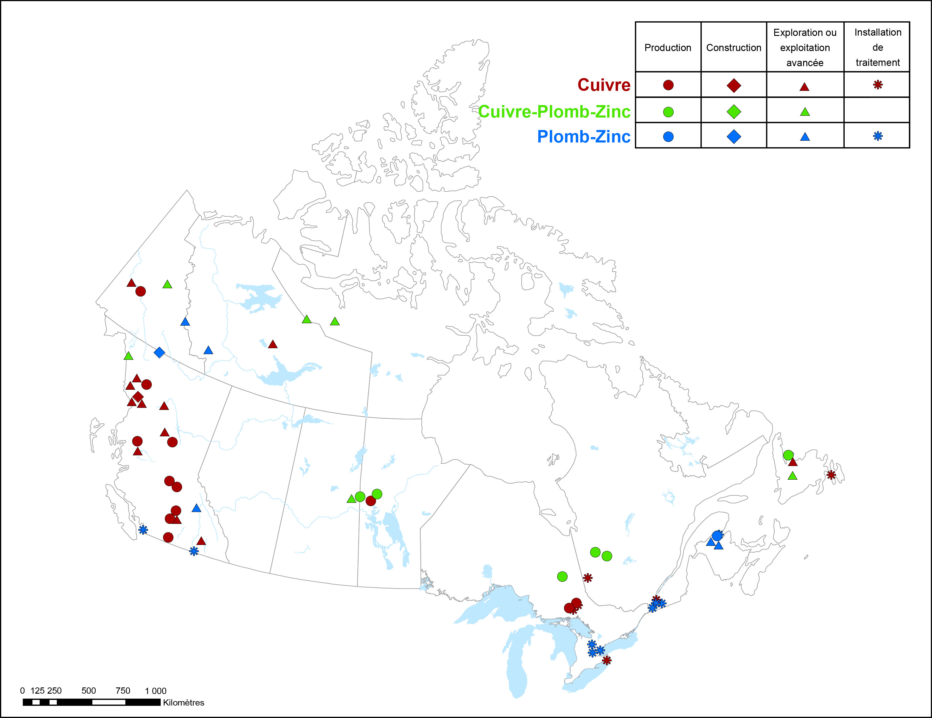 La figure 1 est une carte du Canada qui montre l'emplacement géographique des mines métalliques, des fonderies et des affineries