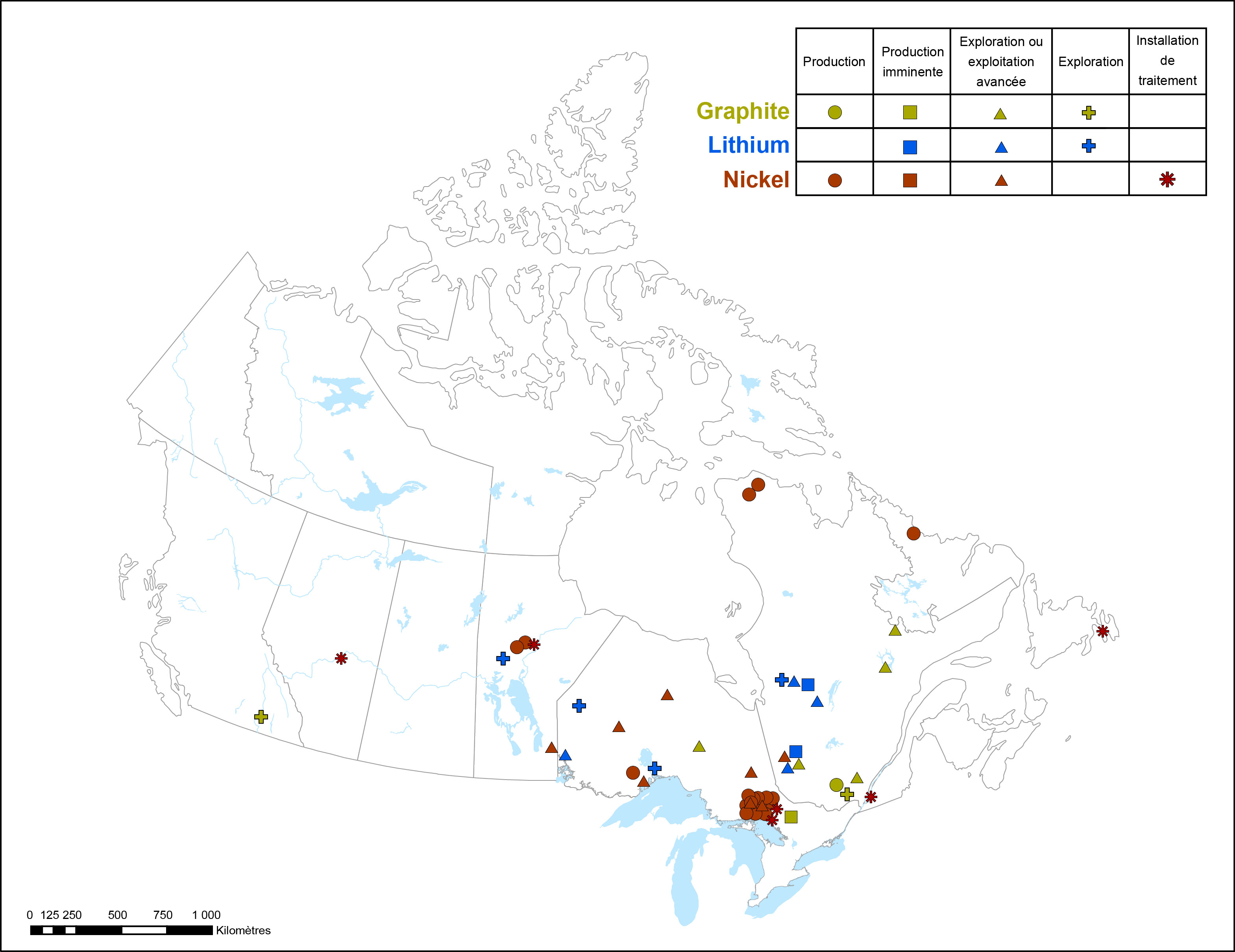 La figure 1 est une carte du Canada qui montre l'emplacement géographique des mines métalliques, des fonderies et des affineries