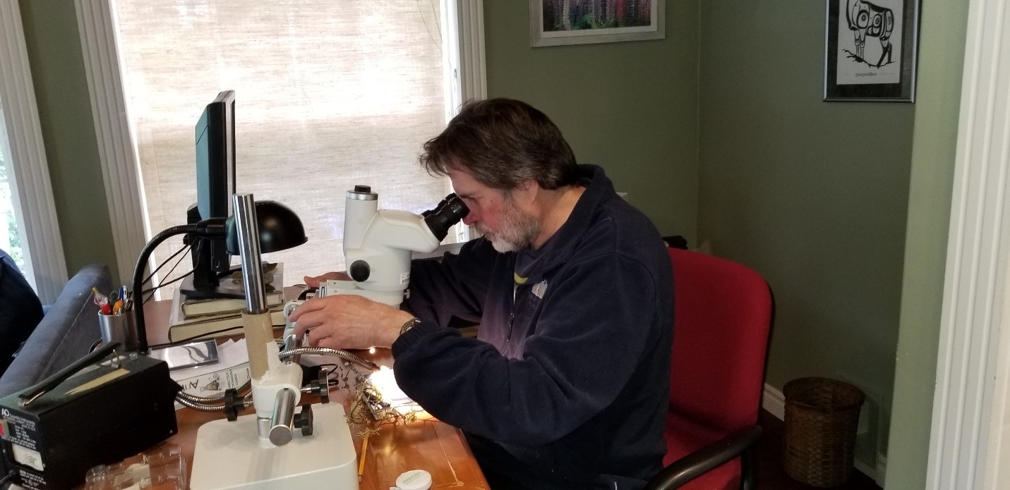Un homme examine un spécimen au microscope. 